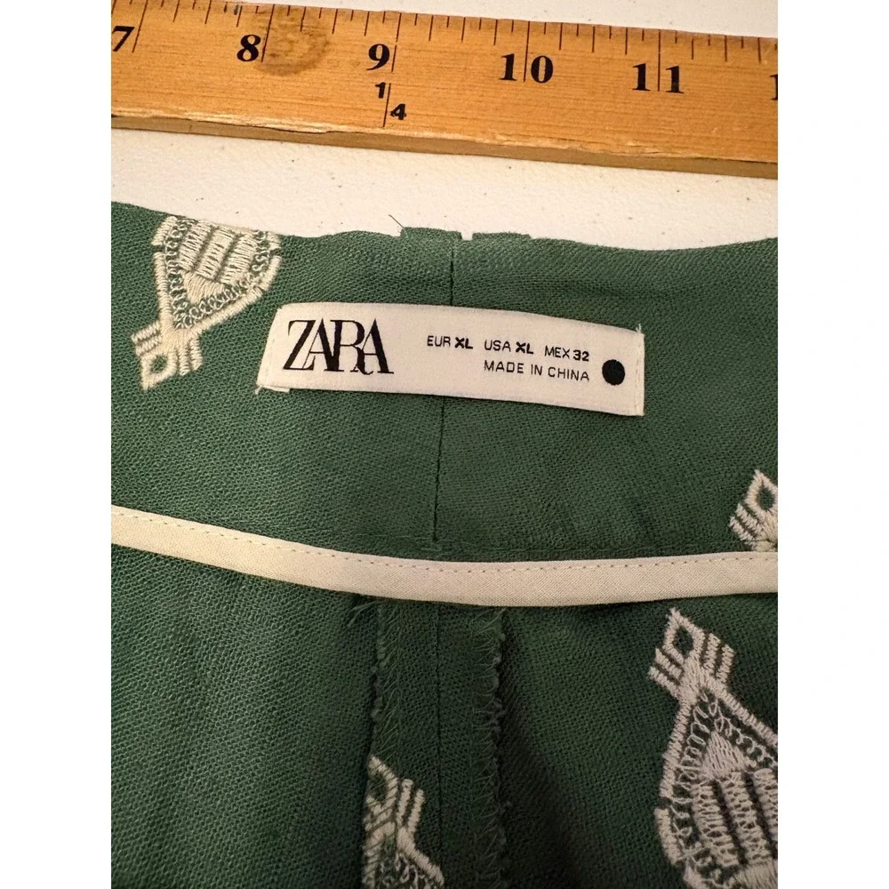 Zara Green Embroidered Linen Blend Wide Leg Pants Boho Coastal Resort XL d5